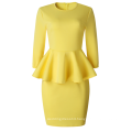 Yellow Bodycon O-neck Half Sleeve Slim Pencil Peplum Lady Casual Dress